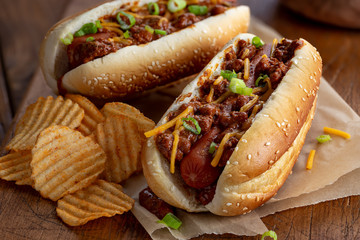 Chili Dog With Cheese and Onions - 373914616