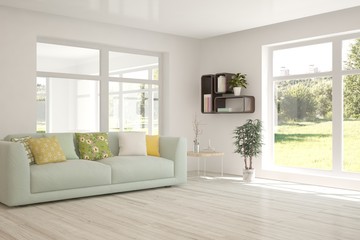 White living room with sofa and summer landscape in window. Scandinavian interior design. 3D illustration