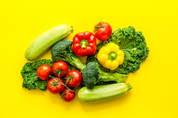 Lay out of raw vegetables farming food, top view