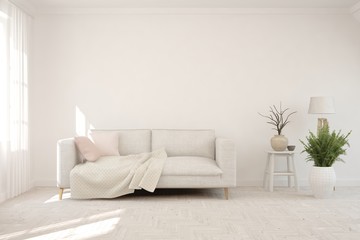 Fototapeta premium White living room with sofa. Scandinavian interior design. 3D illustration