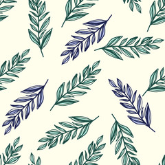 Isolated seamless pattern with botanic foliage ornament. Stylized outline branch leaves in green and blue colors on white background.