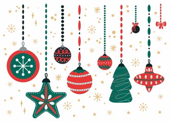 Christmas card with handing xmas glass toy balls and lettering, winter festive gift cards new year hand drawn poster or banner vector cartoon doodle xmas collection