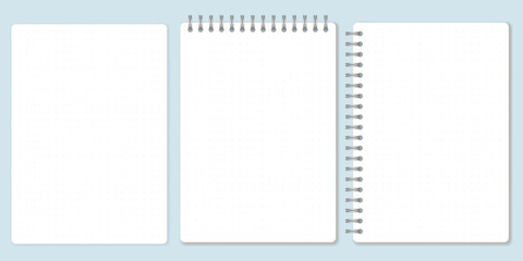 Dot paper set, template of spiral notebook and notepad sheets. Vector Illustration.