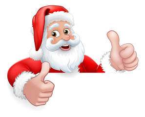 Santa Claus Christmas cartoon character peeking over a sign giving a double thumbs up.