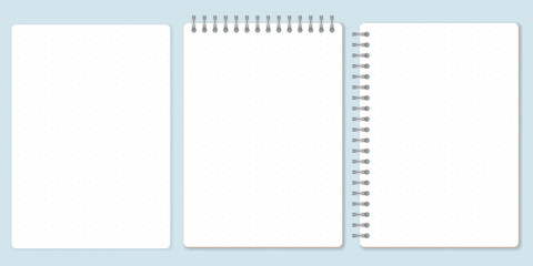 Isometric dot paper set, template of spiral notebook and notepad sheets. Vector Illustration.