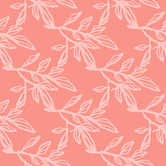 Fototapeta premium Minimalistic floral outline branch seamless pattern. Pink soft background with white contoured foliage.