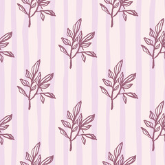 Seamless pattern with doodle branch silhouettes. Lilac outline ornament on light stripped background.