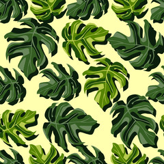 Obraz na płótnie Canvas Random bright botanic seamless monstera pattern. Exotic green leafs on light yellow background.
