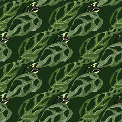 Simple stylized doodle seamless pattern with monstera elements. Green palette exotic artwork.