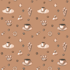Cocoa seamless pattern with cups of coffee, ice cream and sweets. Hand-drawn elements. Cute design for wrapping paper, cafe accessories, placemats, napkins, wallpapers and backdrops.