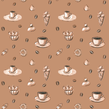 Cocoa seamless pattern with cups of coffee, ice cream and sweets. Hand-drawn elements. Cute design for wrapping paper, cafe accessories, placemats, napkins, wallpapers and backdrops.