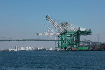 View of Los Angeles Container Terminal and Vincent Thomas Bridge in San Pedro California.