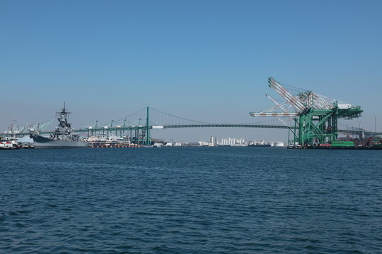 View of  Port of Los Angeles with Container Terminal and Vincent Thomas Bridge in San Pedro California.