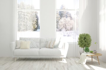 White living room with sofa and winter landscape in window. Scandinavian interior design. 3D illustration