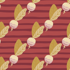 Healthy food seamless pattern with radish. Maroon stripped background with ocher and white elements.