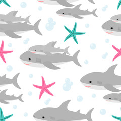 Seamless pattern cute shark and starfish vector illustration