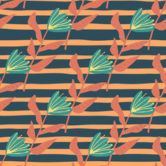 Seamless doodle pattern with tulip flower silhouettes. Orange and navy color stripped background. Blue floral elements.