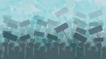 Silhouette of riot demonstrators with protesting banners. People Cheering for meetings, protests, revolutions, or conflicts. The crowd with banners. Vector illustration