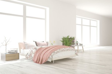 White bedroom interior. Scandinavian design. 3D illustration