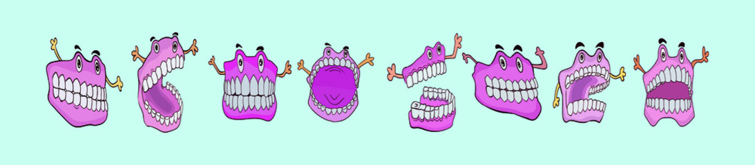 cute cartoon denture with various models isolated on blue background