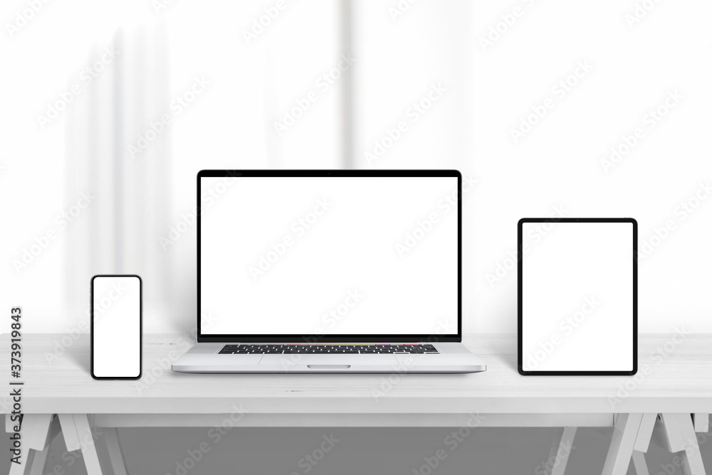 Poster Responsive web site promotion template with laptop, tablet and smart phone. Isolated screen for web site or app design promotion