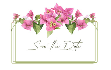 A pink bougainvillaea square "Save the date" frame  with green linear elements hand painted in watercolor isolated on a white background. Watercolor floral frame. Watercolor bougainvillea frame.