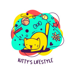 Vector illustration of yellow cat with favorite things on color background.