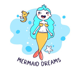 Fototapeta premium Vector illustration of little mermaid with sea horse and starfish on water background.
