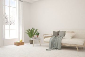 White living room with sofa. Scandinavian interior design. 3D illustration