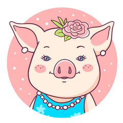 Vector portrait illustration of cute cartoon female pig in blue dress with pink cheeks, ears, beads, flower in round frame.