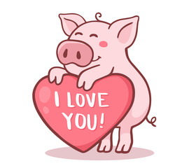 Vector illustration of cute cartoon pig with pink large heart and text i love you.