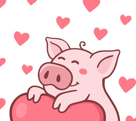 Vector illustration of happy cartoon enamored pig with pink heart on white background.