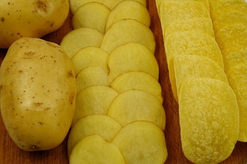 Raw potato tubers, raw potato slices and potato chips lie on a wooden board
