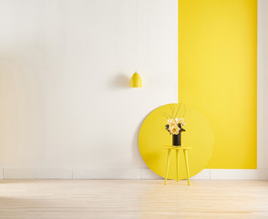Yellow and white room decoration with surf wooden and round style.