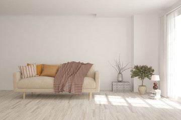 Naklejka premium White living room with sofa. Scandinavian interior design. 3D illustration