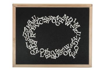 Frame with black background and circle laid out in English letters.