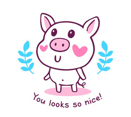 Vector illustration of nice cartoon pig with pink heart cheeks and text on white background.