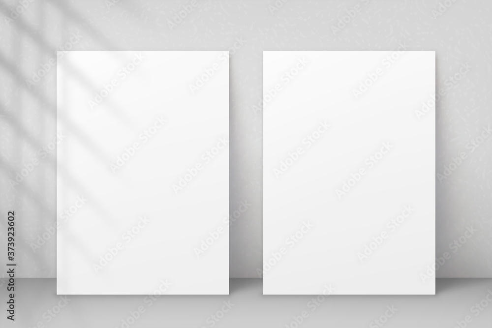 Poster mockup flyer with shadow plant leaf. light from window. mock up sheet paper format a4. mockups poste