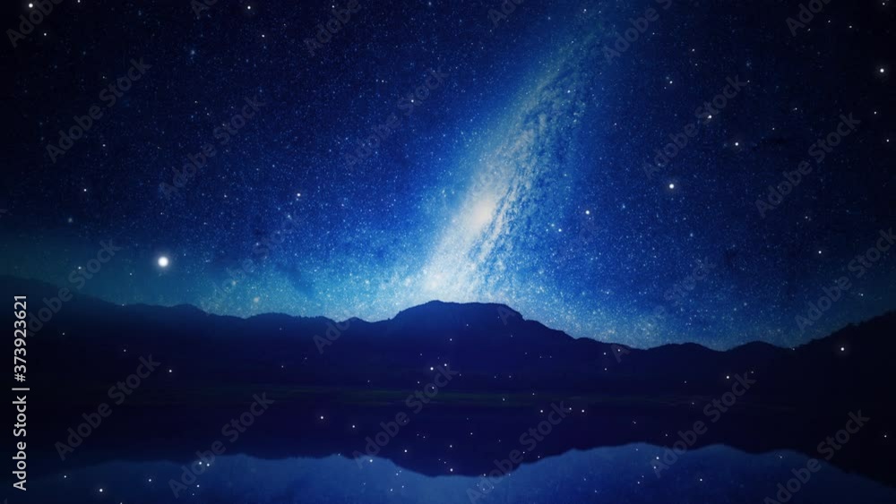 Wall mural video of universe or aerial flyby. camera moves towards a blue galaxy or heavenly object while stars