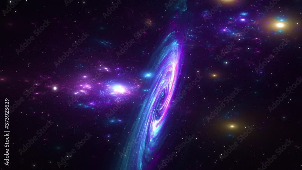 Wall mural video of universe or aerial flyby. camera moves towards a blue heavenly object or cosmos while stars