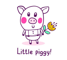 Vector illustration of happy cartoon pig with pink cheeks and text holding yellow flower on white background.