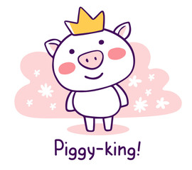 Vector illustration of royal cartoon smile piggy in golden crown with snout and text on pink background with flower.