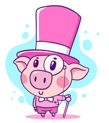 Vector illustration of rich noble cartoon piggy in top hat with walking stick.