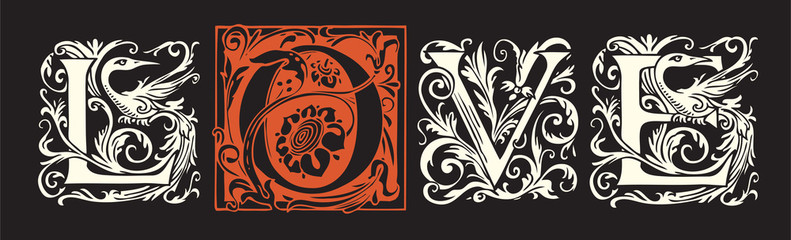 The inscription Love in the form of square hand-drawn ornate letters in vintage style on the black background. Suitable for design t-shirts, cards, Valentines, wedding. Vector lettering stylish text