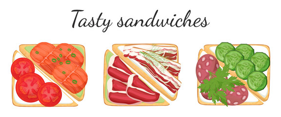 Three sandwiches with tasty fillings top view