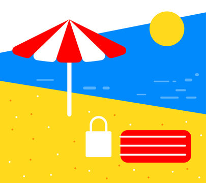 Vector background illustration of lovely cartoon yellow sand beach with sun, blue sea, red and white parasol.