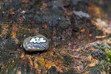 small painted stones can be found in  unusual places like here in the forest