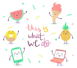 Vector illustration of lovely cartoon character. Set of fruit, ice cream, donut, gadget on white background with text.