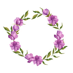 Fototapeta na wymiar Watercolor wreath with purple violets. Design of holiday posters and invitation cards. Watercolor bouquet with purple flowers. Holiday card design. Easter wreath. Christmas wreath.