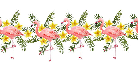 Watercolor hand drawn seamless horizontal border with pink flamingo bird and tropical green palm leaves plumeria frangipani flowers on background. Summer vacation holiday concept, card invitation. © Marina Lahereva